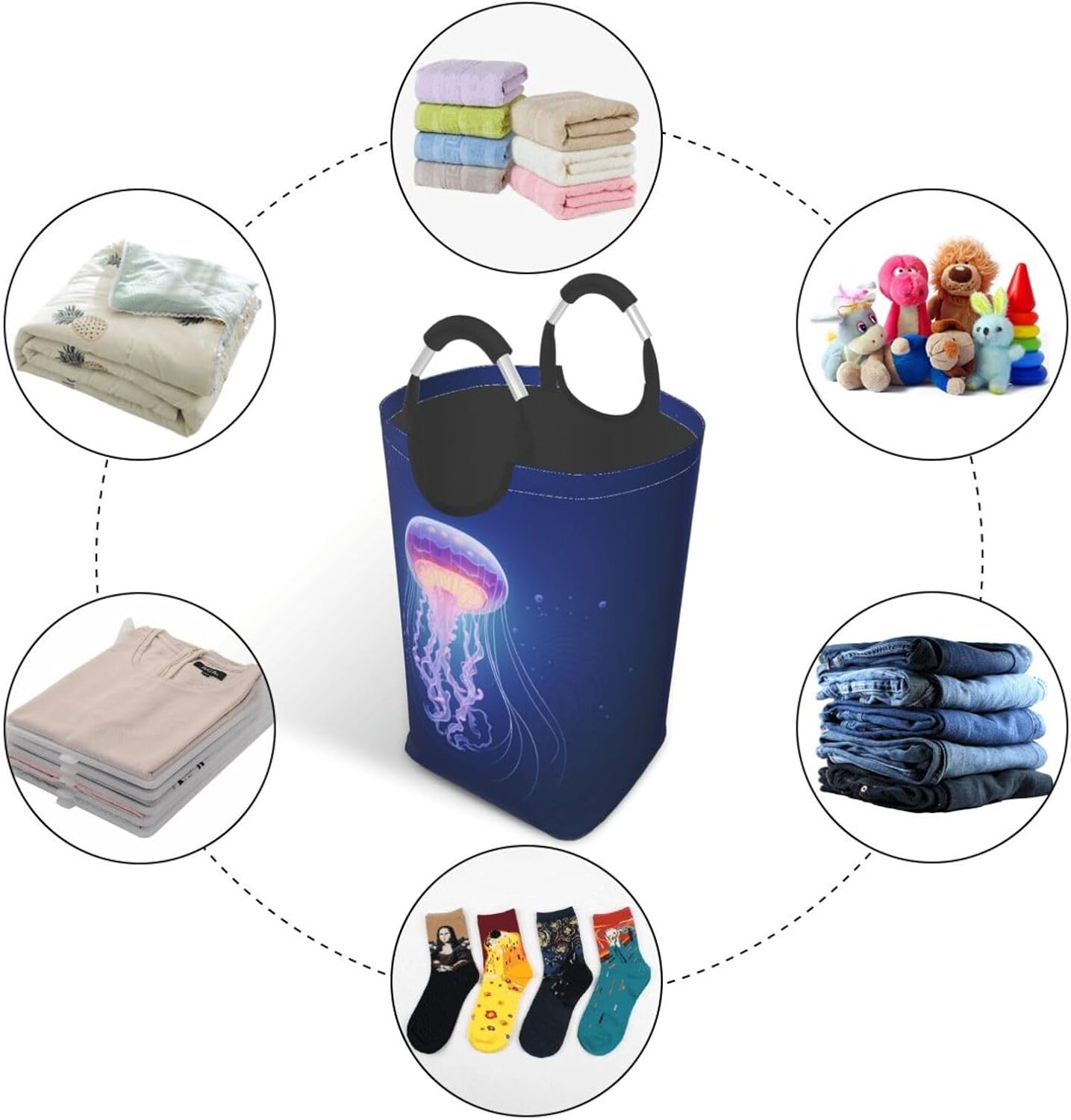 Glowing Jellyfish Foldable storage bag, 50L capacity, suitable for laundry room, dormitory bedroom, dirty clothes storage basket.