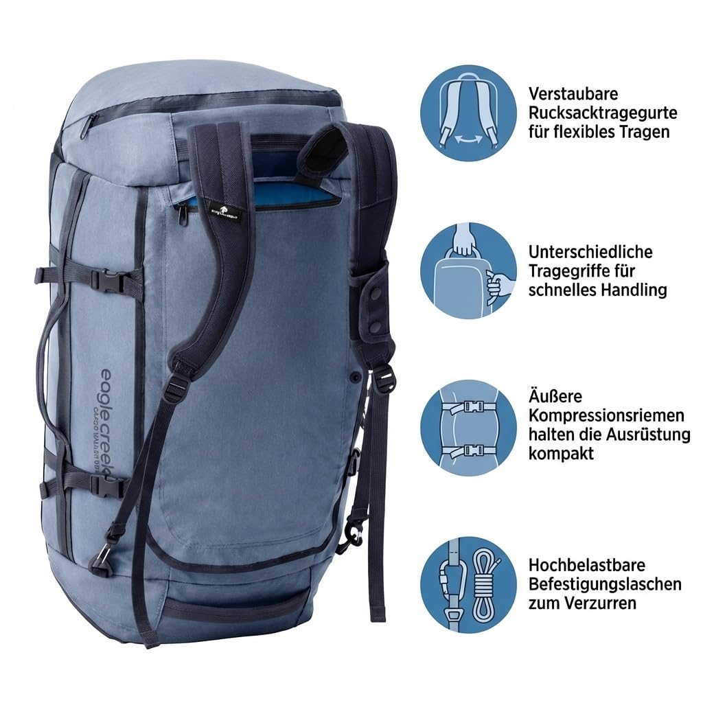 Eagle Creek Cargo Hauler Reisetasche 40L I Extrem robust & wasserabweisend I Duffel mit Rucksack-Tragefunktion für Reisen & Outdoor I 40L Volumen I Glacier Blue