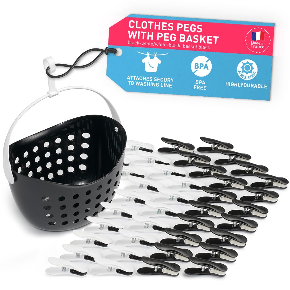 Culiclean Black-White/Black Basket Clothes Pegs For Washing Line – Clothes Peg And Bag Set With Peg Basket For Washing Line – Washing Peg And Basket With Hanger – 40 Pegs, 1 Holder – /Black
