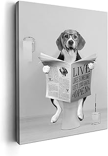Black and White Beagle Dog Bathroom Decor Wall Art Funny Beagle Sitting in Toilet Reading Newspaper Pictures Print Painting Wall Décor for Bathroom Toilet Framed Artwork 12x16 inch