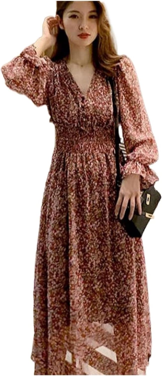 ZOKIVAFormal maxi dress Dress Women Spring Elegant Tender Floral Princess Sleeve Folds Trendy V-neck Fairy French Style Romantic Mid-calf Female Cozy (Color : Dark blue, Size : M)
