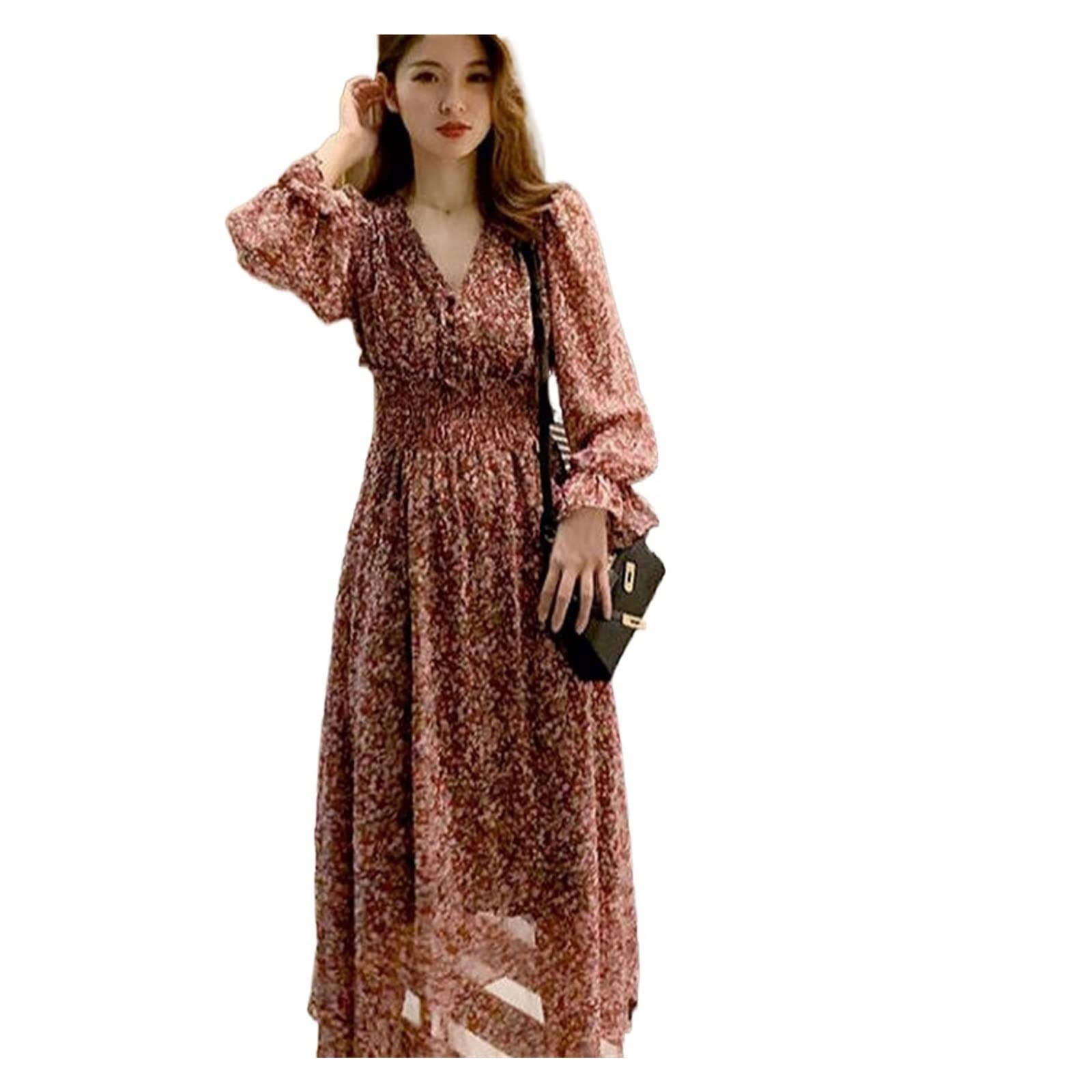 ZOKIVAFormal maxi dress Dress Women Spring Elegant Tender Floral Princess Sleeve Folds Trendy V-neck Fairy French Style Romantic Mid-calf Female Cozy (Color : Dark blue, Size : M)