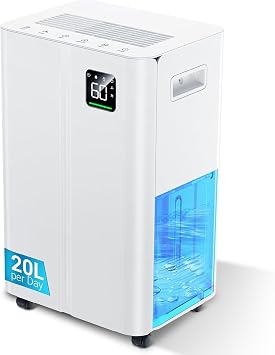 20L/day Dehumidifier with Humidity Sensor & Display and 24-Hour Timer, 3 Dehumidification Modes, Suitable Bedrooms, Office, Basements, Continuous Draining, White