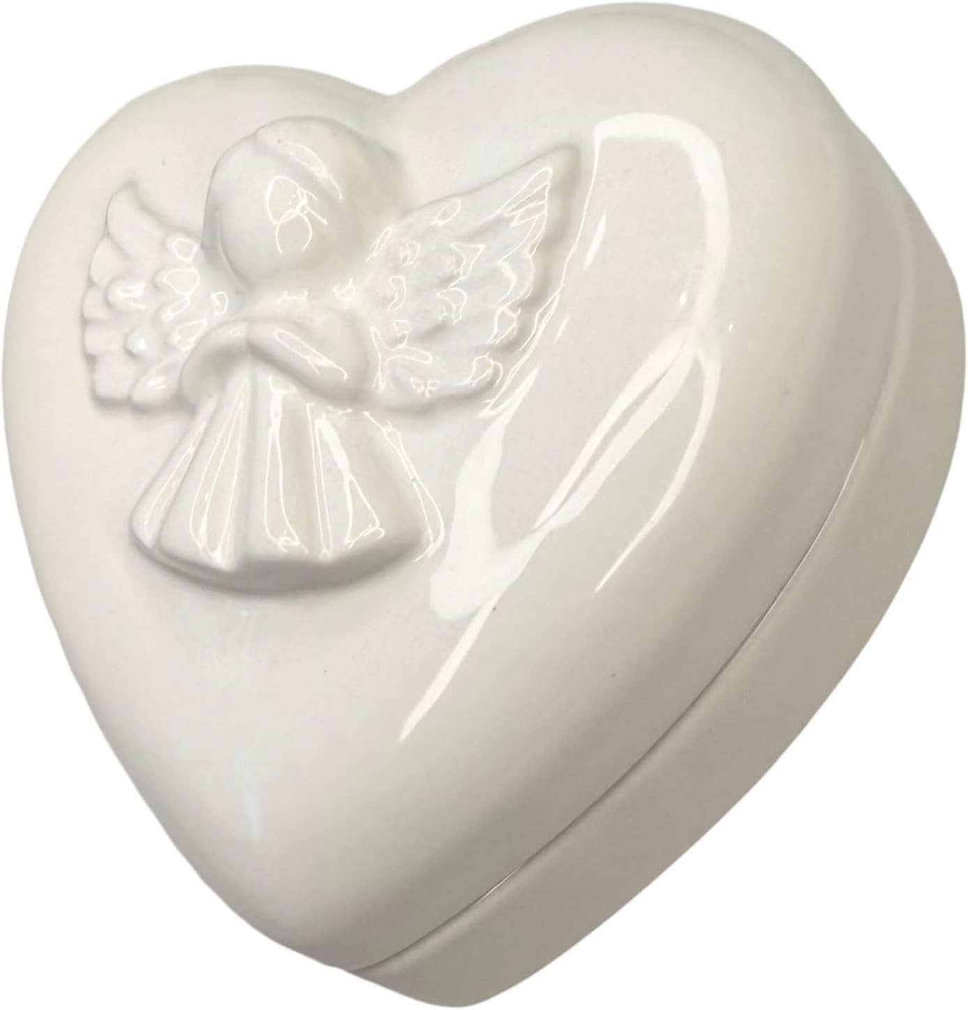 Top Brass Ceramic Angel Heart Shaped Trinket Box – Simple White High-Gloss Figurine, Jewelry, Ring, Rosary, Keepsake Holder Gift Winged Love Storage Box