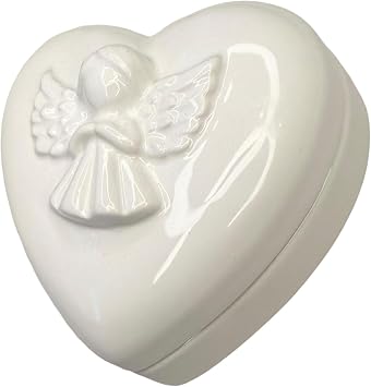 Top Brass Ceramic Angel Heart Shaped Trinket Box Simple White High-Gloss Figurine, Jewelry, Ring, Rosary, Keepsake Holder Gift Winged Love Storage Box