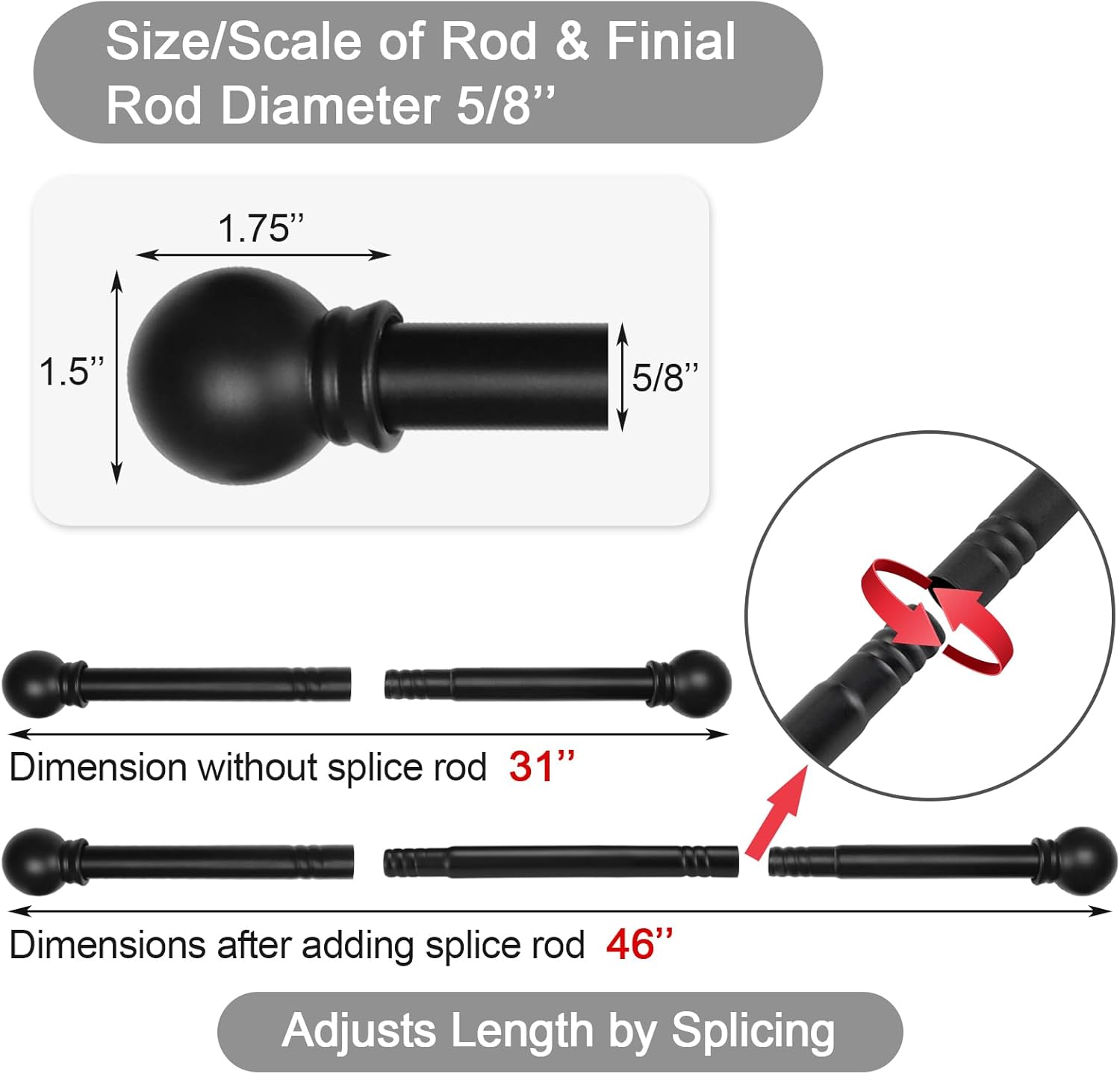 Curtain Rods for Windows 31 or 46 Inch, 5/8 Diameter Black Curtain Rod Adjusts Length by Splicing, Suitable for Bedroom, Living Room,Kitchen,Farmhouse, Outdoor