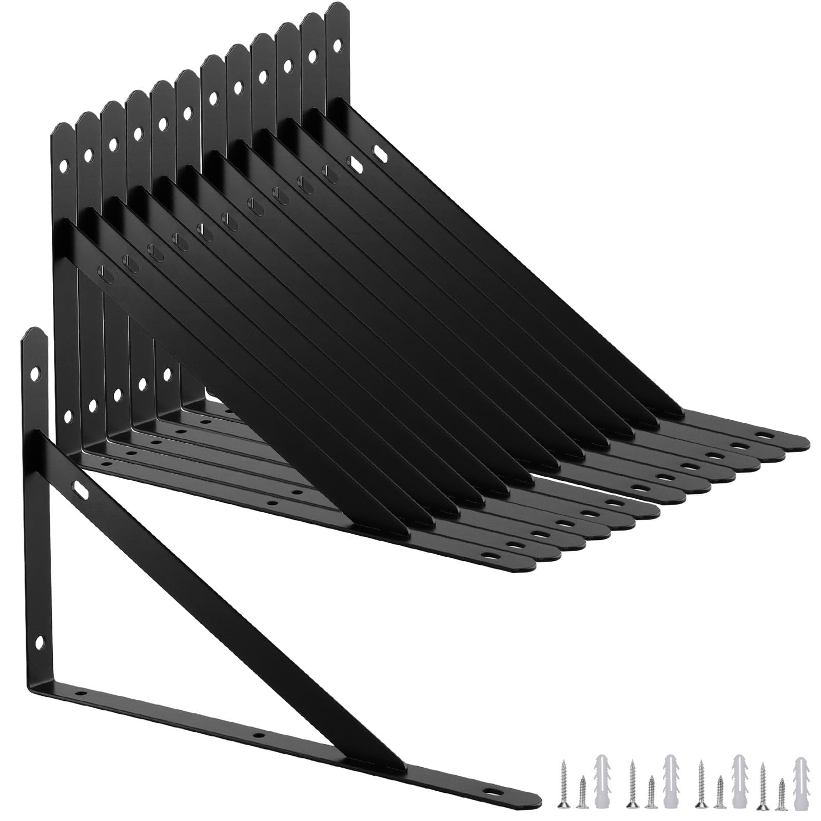 MAKTSAM Set of 12 Heavy Duty Shelf Brackets, 10 Inch Wall Mounted Triangle Shelving Brackets with Mounting Hardware, Black Right Angle Shelf Support — image 1