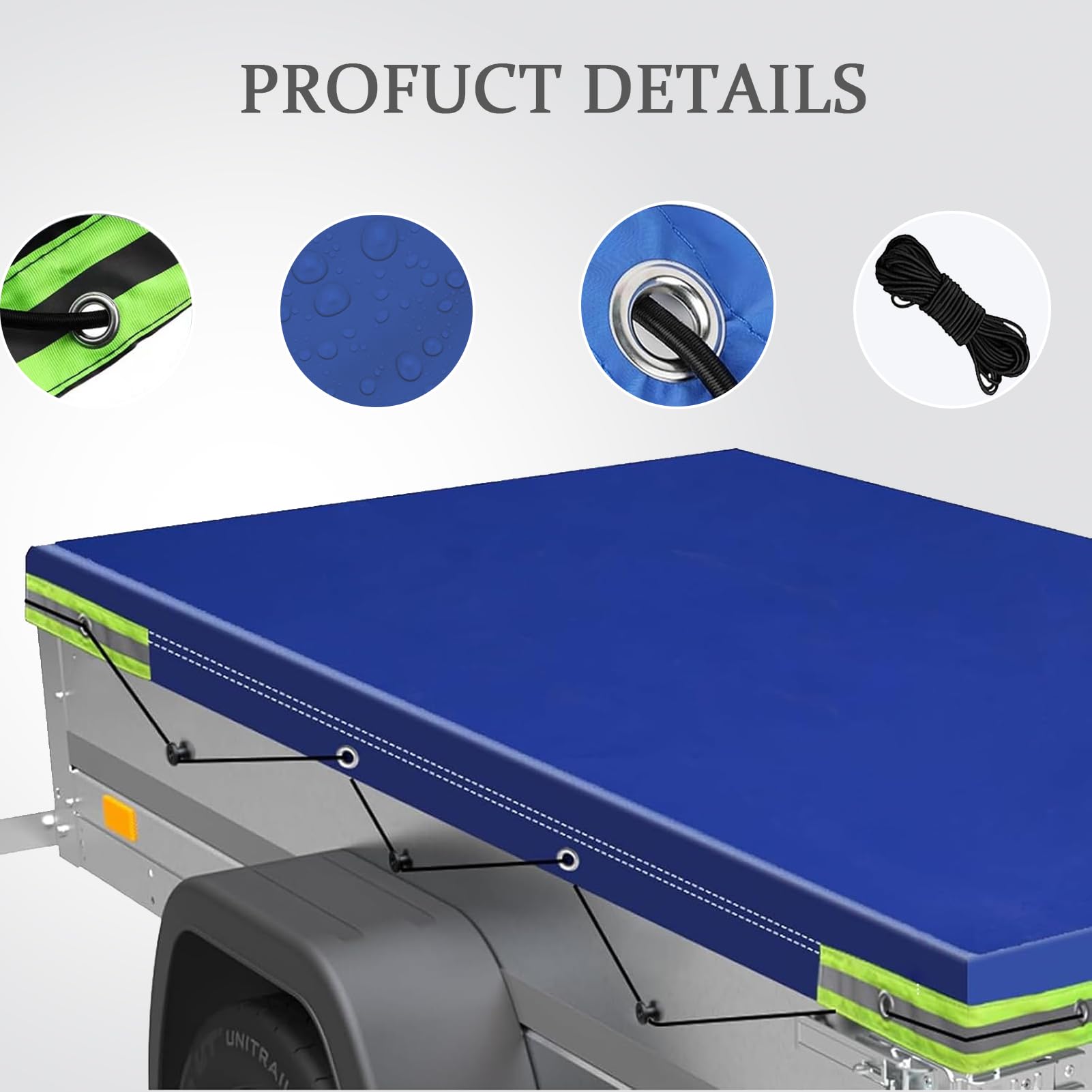 Robuste 420D PVC Plane für Anhänger - Wasserdicht, Dreifach Verstärkte Ecken mit Reflektorstreifen für Pritschenwagen & Caravan (211 X 116 X 8cm,Blue)