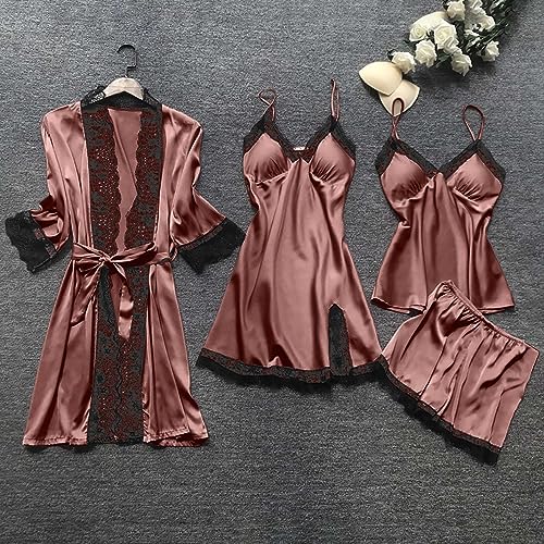 Conjunto de pijama feminino de seda, 4 peças, lingerie sexy, conjunto de roupão, camisola, shorts, r