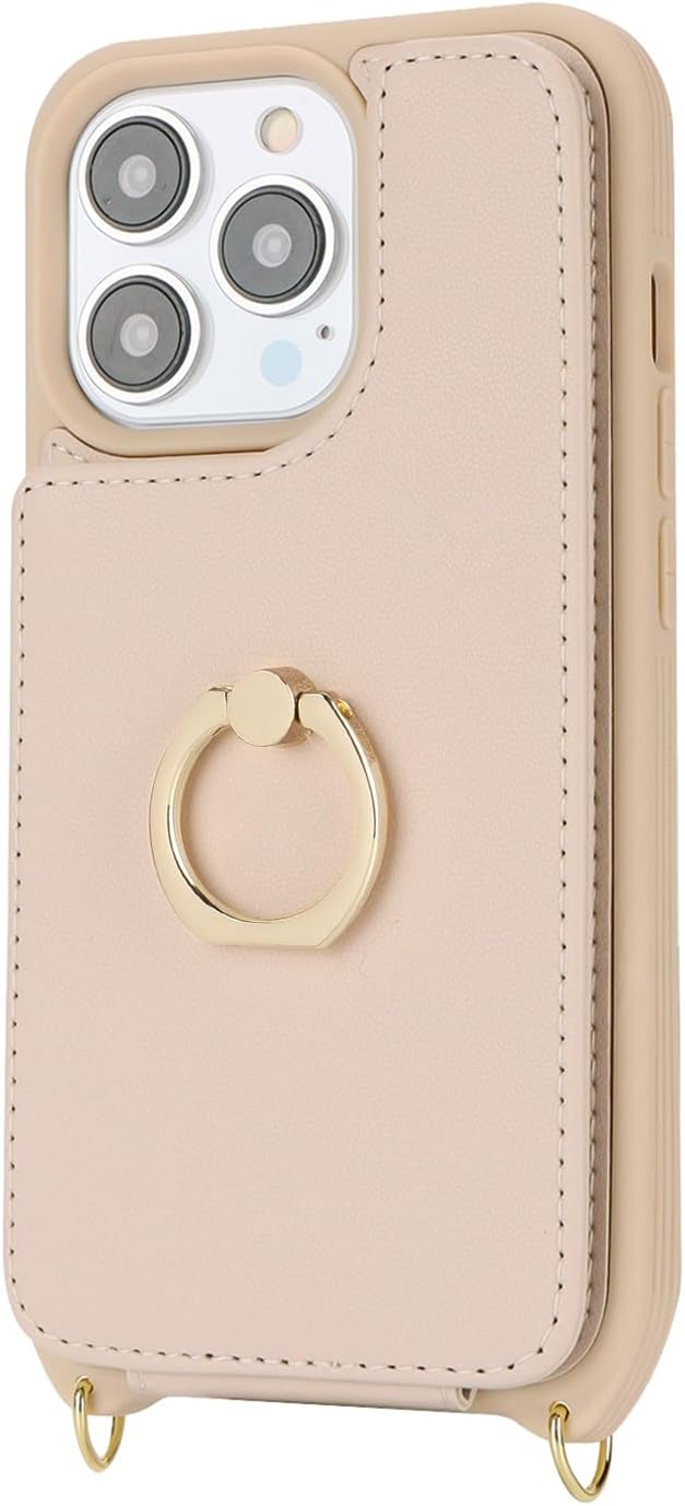 for iPhone 13 Pro Case with Card Holder for Women,Crossbody Strap Lanyard,Credit Card Holder,Ring Stand,Snap Clasp,Wallet Case 6.1 inch (Beige) - Image 7
