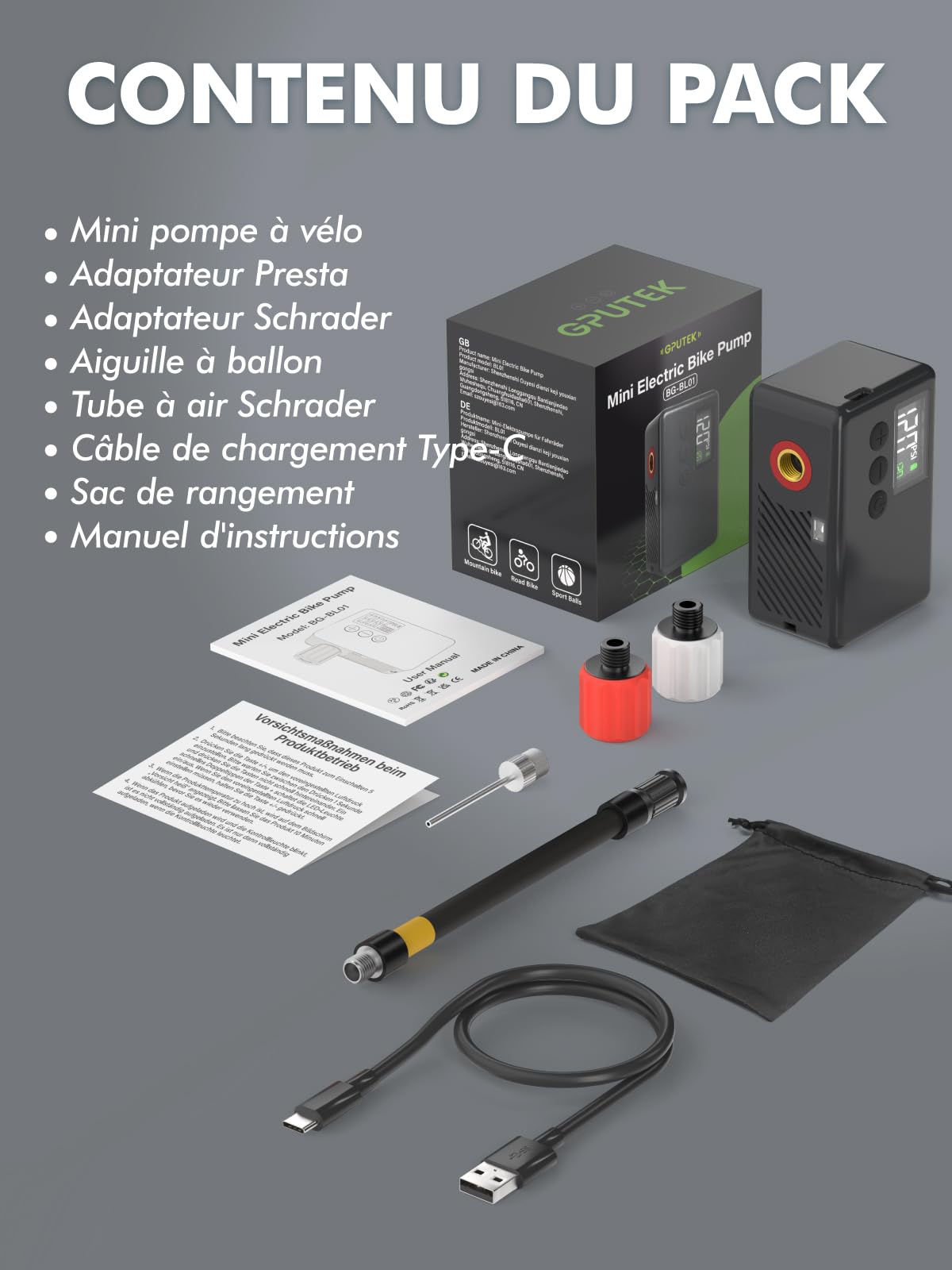 GPUTEK Pompe À Vélo Électrique, Pompe Électrique, Auto-Off Et Lumière LED. pour Les Vélos Électriques, Les Vélos De Montagne, Les De Ville Et De Course avec des Valves De Presta Et Schrader