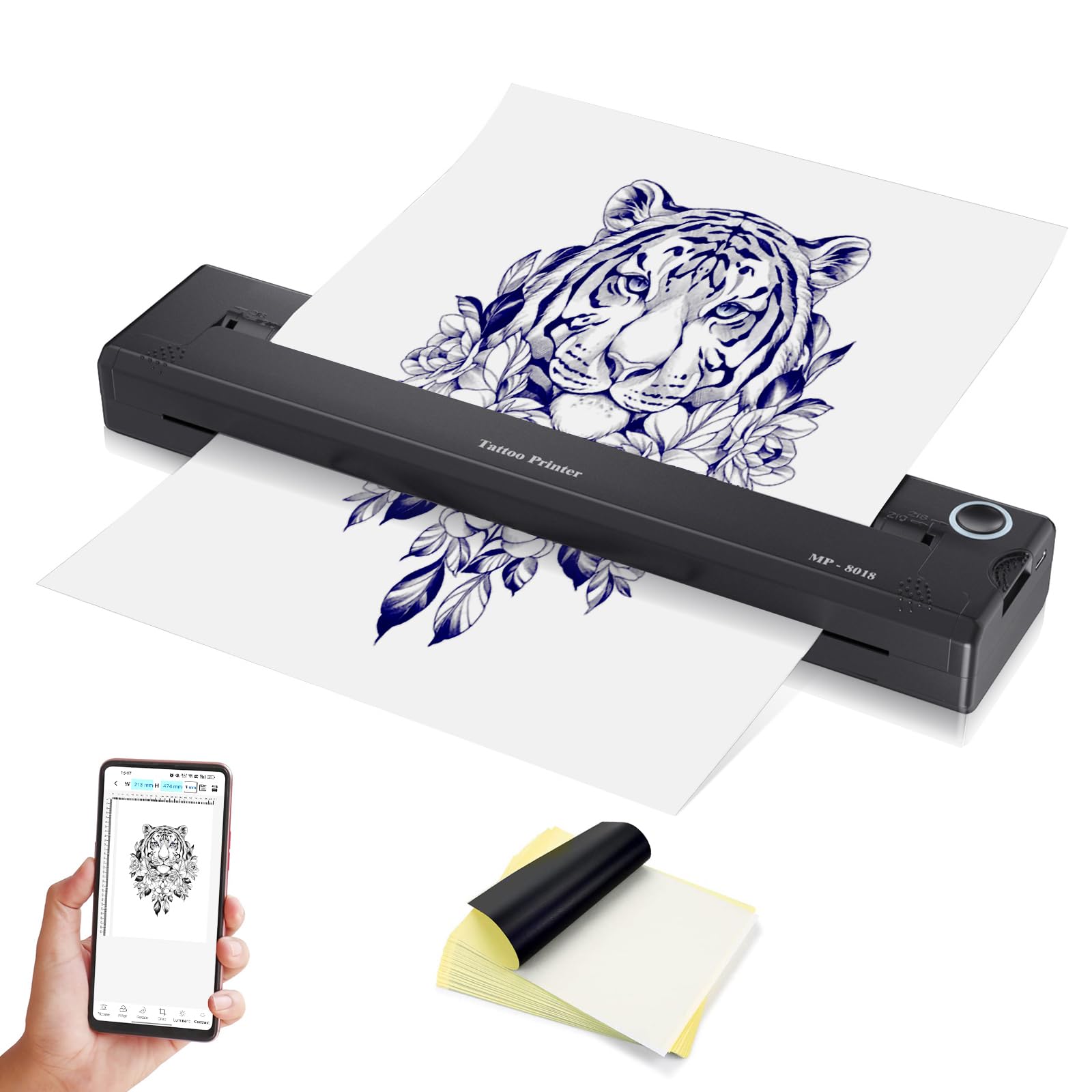 Kulwoyi Wireless Tattoo Stencil Printer Inkless Tattoo Transfer Stencil Machine Thermal Tattoo Printer con 15 piezas de papel de tatuaje for Tattooing 2000mAh Compatible Android and iOS Phone&Ipad
