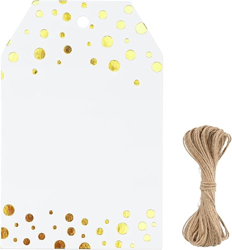 G2PLUS Etiquetas de regalo de puntos dorados de aluminio, 50 etiquetas colgantes de papel blanco con cuerda, etiquetas de regalo de puntos dorados