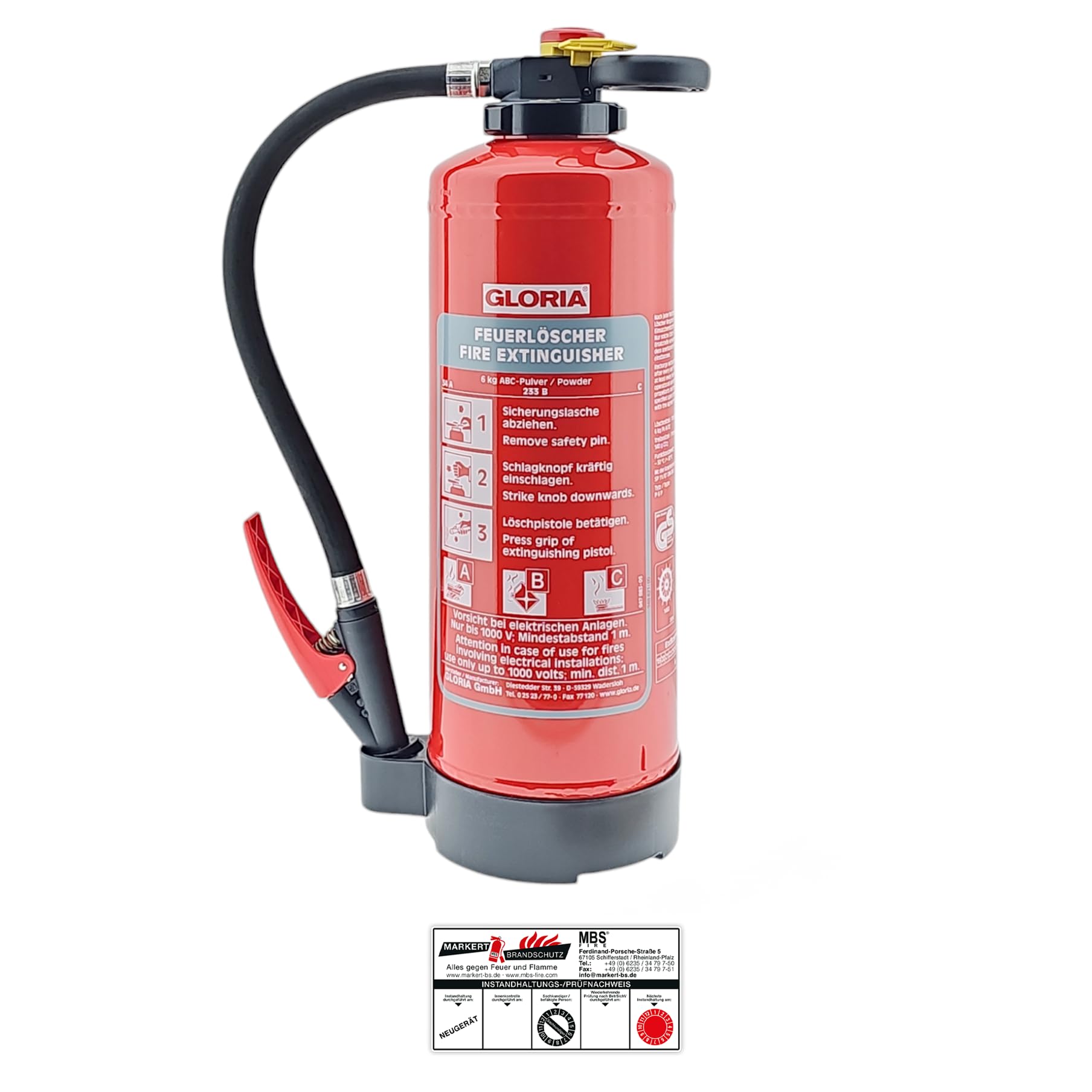 COMBLU Gloria P6PRO – 6 kg Auflade-Pulver Feuerlöscher – inkl. Wandhalter und Prüfplakette