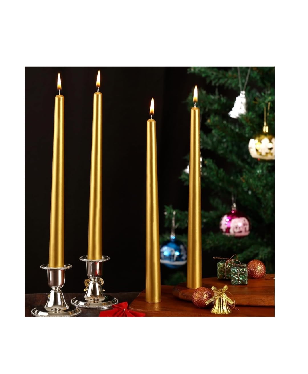 Laksh Collection Unscented Dripless Taper Candles || 10 Inch || Candle Light Dinner || Spell || Set of 4 || Paraffin Wax (Golden)-image-14