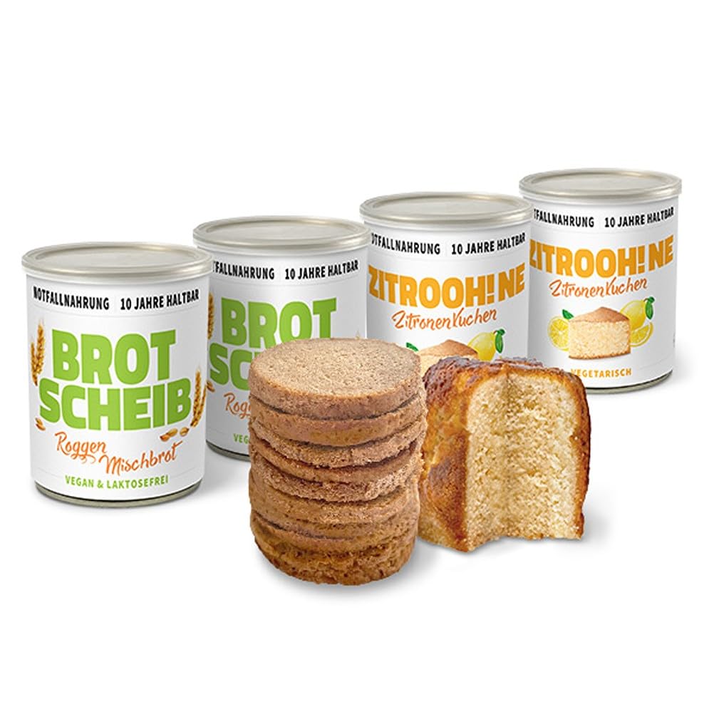 ration1 Dosenbrot 2x 350g und Dosenkuchen 2x 360g, 10 Jahre haltbar | Zitronenkuchen, Roggen-Mischbrot in Scheiben, fertig gebacken, für Wandern, Camping, Outdoor, Notfallnahrung