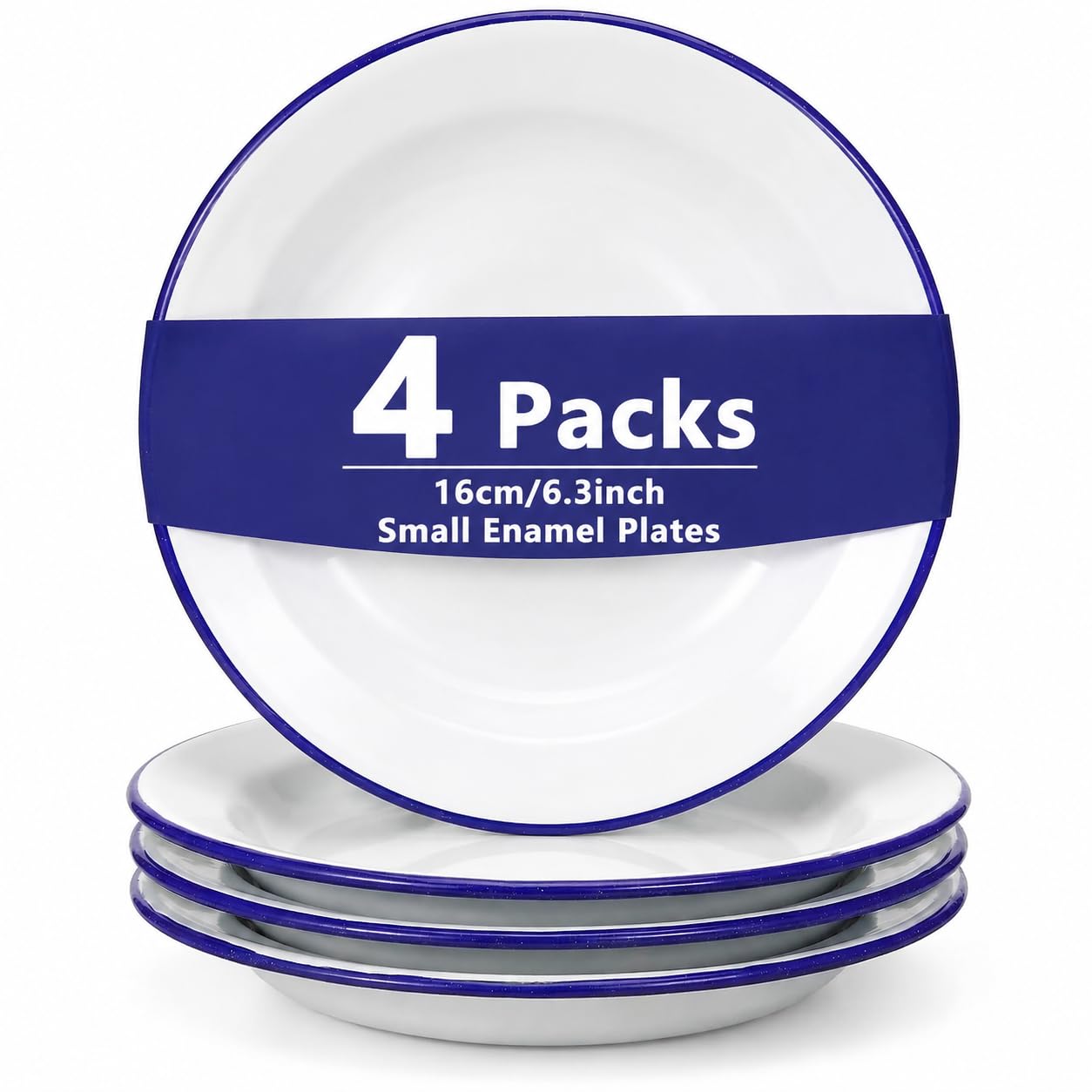 UKCOCO 4 Pcs Small Enamel Plates, 6.3 Inch/16cm Retro White with Blue Rim Lightweight Side Dishes for Snack Dessert Picnic Camping RV
