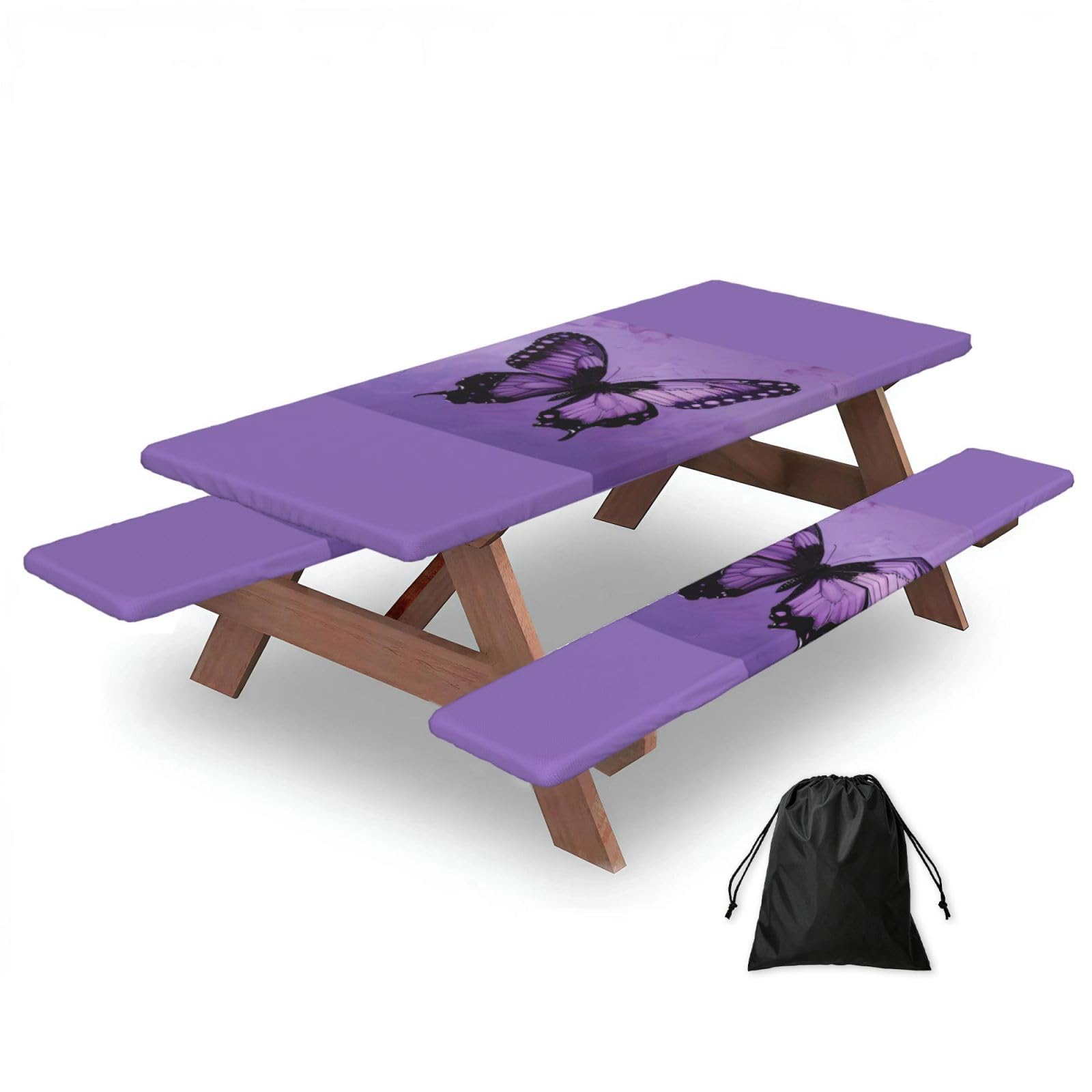 PPHGUT Butterfly Purple Print Picnic Table Bench Cover Set Outdoor Garden Bbq Protector For Family Camping