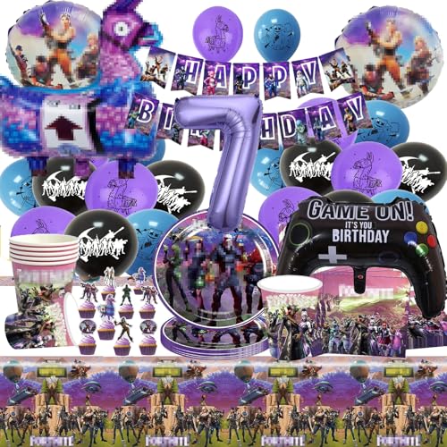 Bemoseng Juego de decoración de cumpleaños para videojuegos, juego de 7 años, vajilla de fiesta, decoración de cumpleaños, juego de globos, pancarta de globos, mantel, plato, toalla de papel para