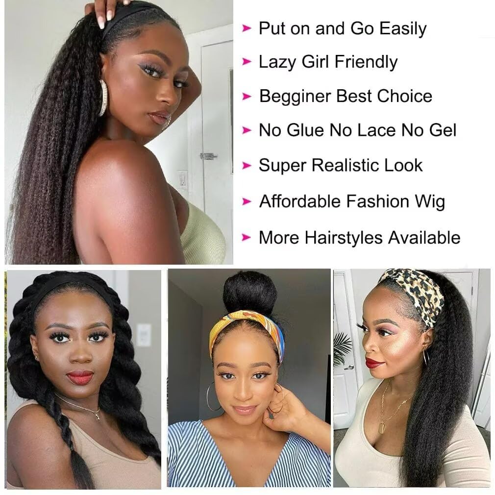 Yaki Straight Headband Human Hair Wig Kinky Straight Glueless Wigs with Band Brazilian Virgin Wear and Go Yaki Half Wig 14 inch - Image 4