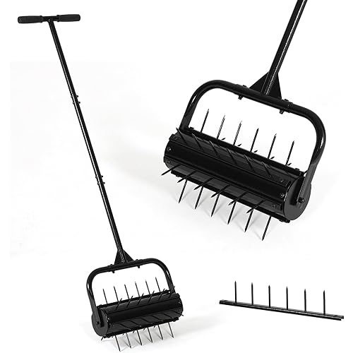 SMONTER Manual Lawn Aerator, 17” Heavy Duty Rolling Aerator Lawn Tool for Yard Garden, Aeration Tool with Spike Soil Penetrator
