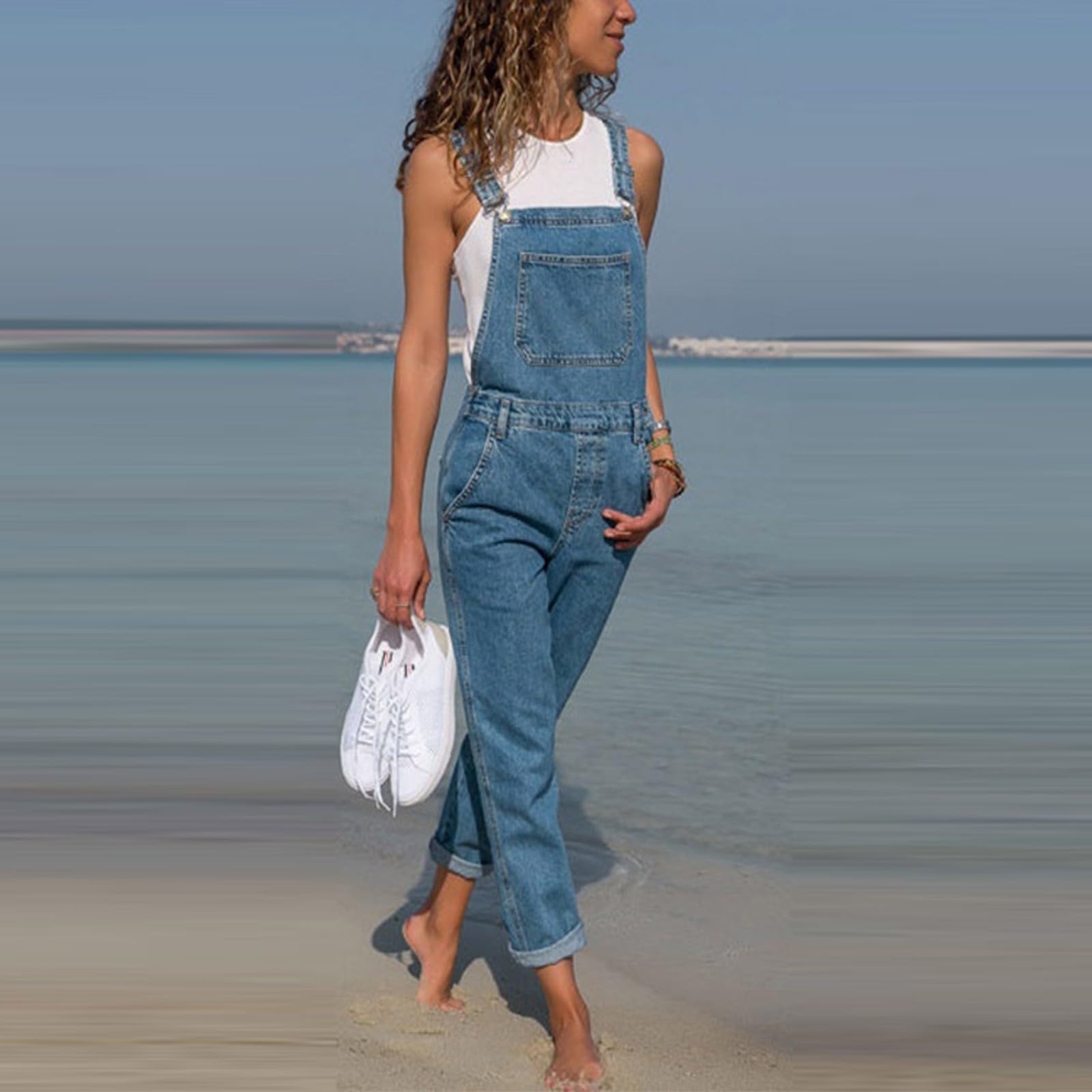 Générique Femme Salopette en Jeans Combinaison Pantalon Décontracté Vintage Playsuit Été Casual Jumpsuit en Denim Déchiré Bretelles Ajustables Salopette Ample Streetwear Salopettes
