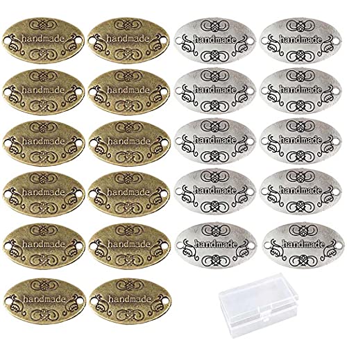 Aabellay 60 piezas de aleación de metal hecho a mano metal etiquetas hechas a mano para hacer joyas, manualidades, hallazgos de regalo, 32 x 19 mm, bronce ovalado + plata