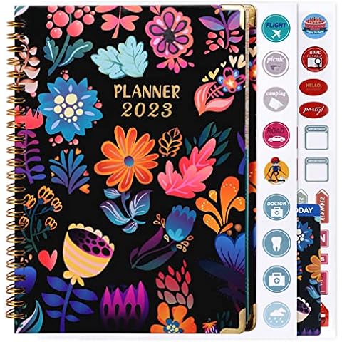 Kaket 2023 Diary Week to View, Academic Diary 2023, Weekly and Monthly Planner, Black, Flower Pattern, Diary 2023 with Hard Cover, Elastic Closure, Inner Pocket, 2PC Stickers, Bookmarks Cover