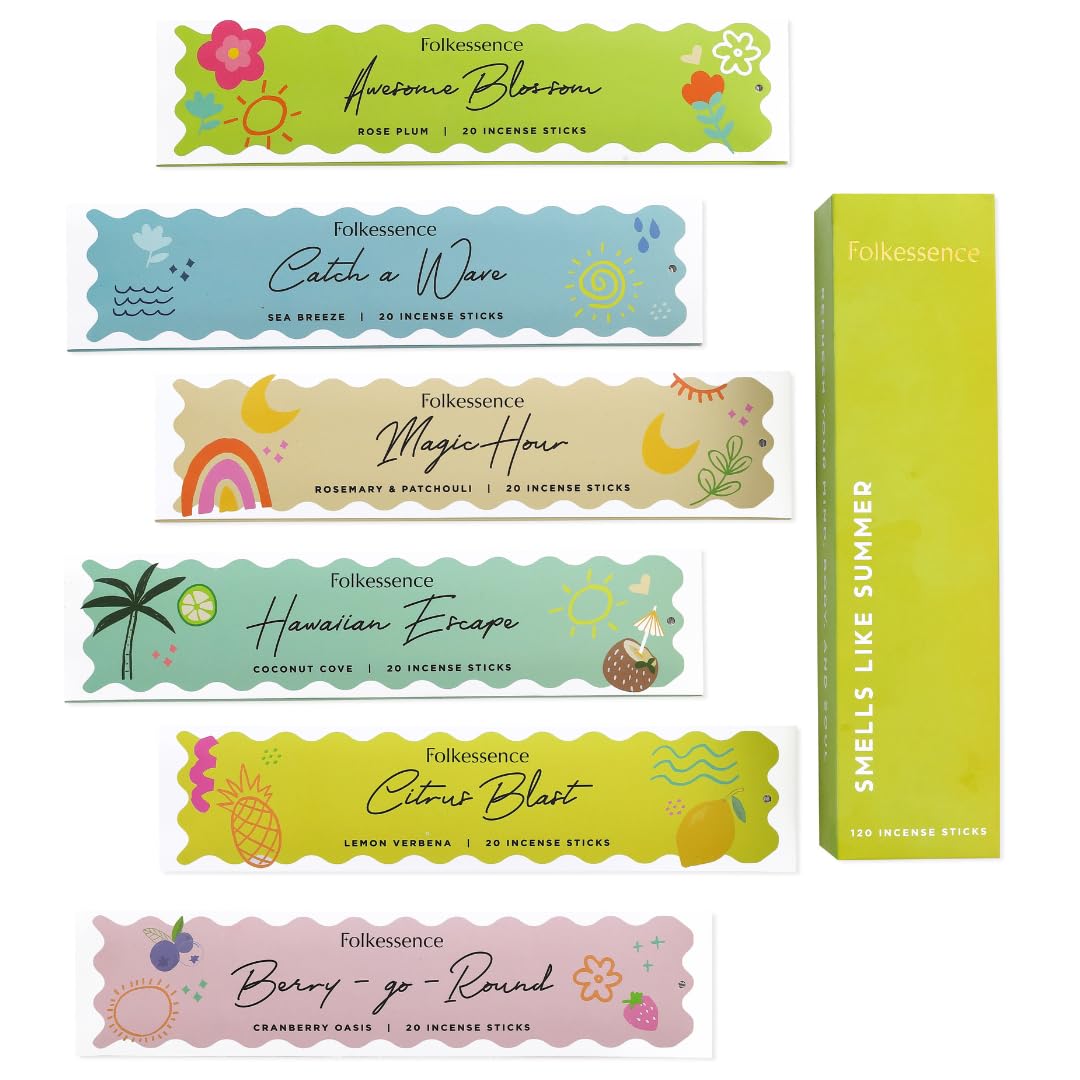 Folkulture Incense Sticks (120 Sticks) | Set of 6 Smell Like Summer Incense For Gifts, Aromatherapy | No Charcoal,Organic,Non Toxic,45 Mins Burn Time Sea Breeze, Lemon Summer Scents Insence-Sticks