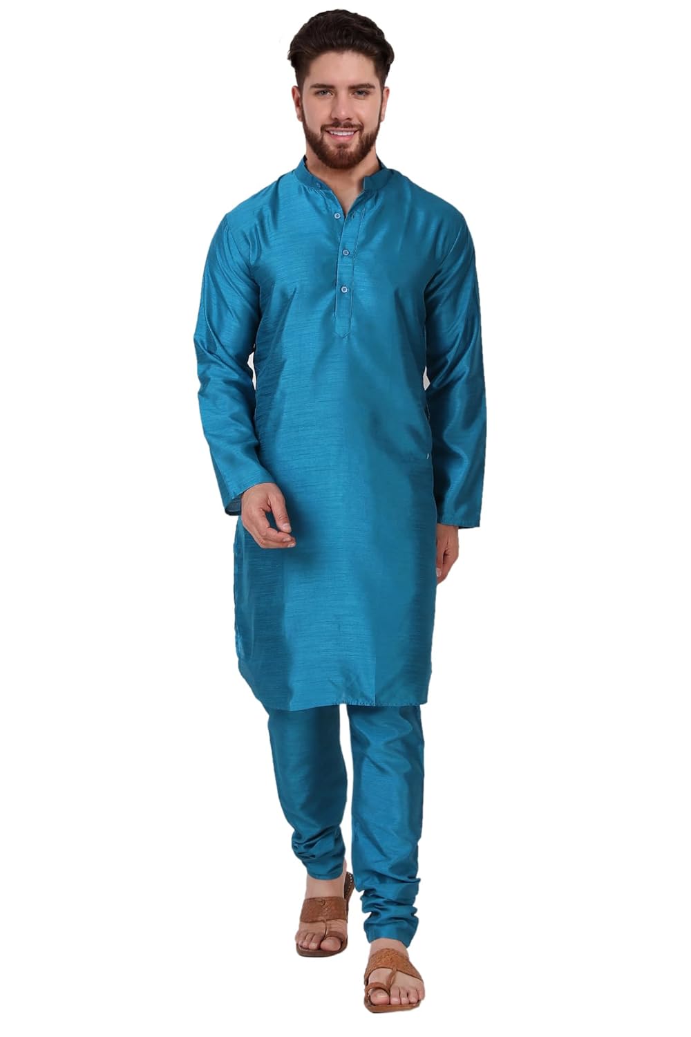Amazon Brand – Anarva Men’s Art Silk Solid Kurta Pyjama Set Festive Woven Design 2-Piece Ethnic Dress