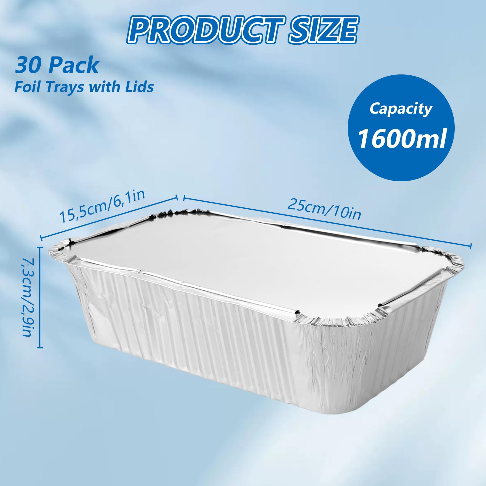 MIVIDE Lot de 30 barquettes aluminium couvercle - 1600 ml - 25 x 15,5 x 7,3 cm - Jetables - Alimentation, congélation, cuisson, barbecue