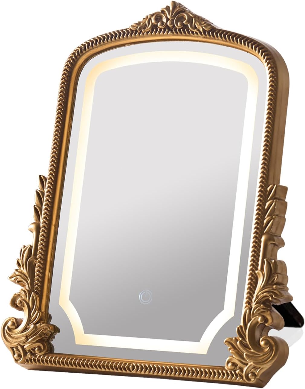 Vintage Vanity Mirror with Three-Color Lighting, Antique Gold Carved Arch Table Mirror, 16x20 Makeup Mirror for Dressing Room, Bedroom & Boho Decor