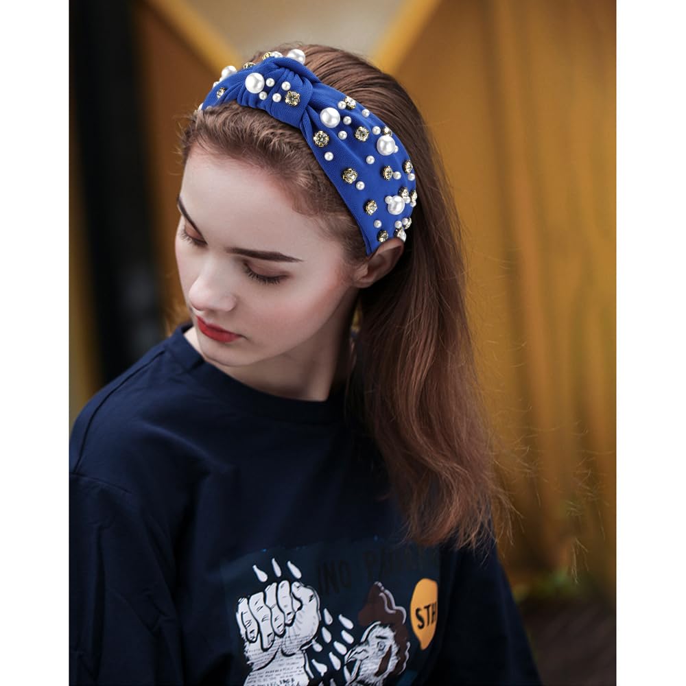 Knotted Headbands with Pearl Rhinestone Royal Blue Headband Wide Top Knot Headbands Beaded Crystal Jeweled Head Bands Embellished Sparkly Hair Bands Hair Accessories for Women Girls - Image 4