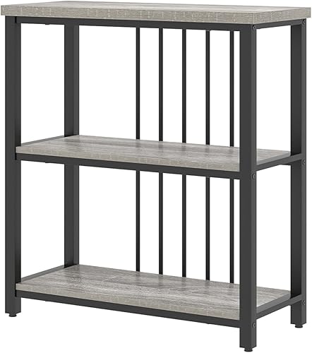 Vista 45 de FOLUBAN Estantería de 3 niveles, estantería industrial y estantes para libros, para dormitorio, madera rústica y metal, para oficina, roble