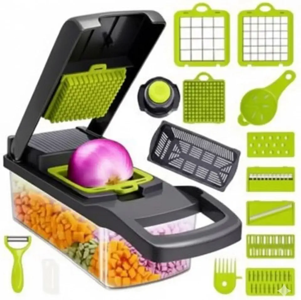 Cortador e Fatiador de Legumes Multifuncional 16 em 1 – Ralador Profissional com Lâminas em Aço Inox para Frutas, Legumes e Vegetais
