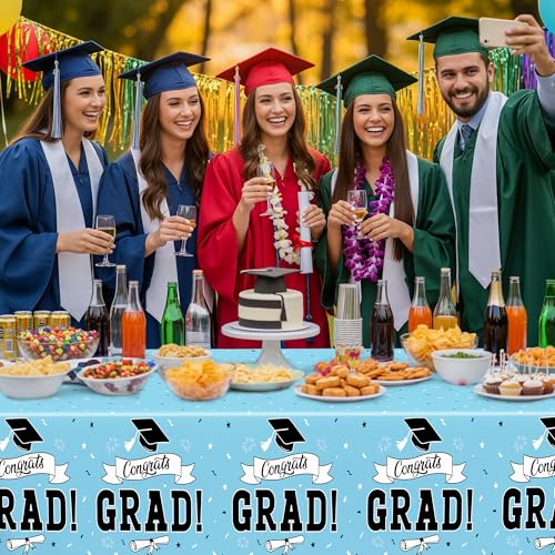 Image of 2Pcs Graduation Tablecloth, 108 inch X 54 inch Skyblue Graduation Table Decor 2026, Rectangle Table Covers for Class 2026 Congrats Grad, Disposable Plastic Tablecover for Grad Decor Party Supplies for Kids