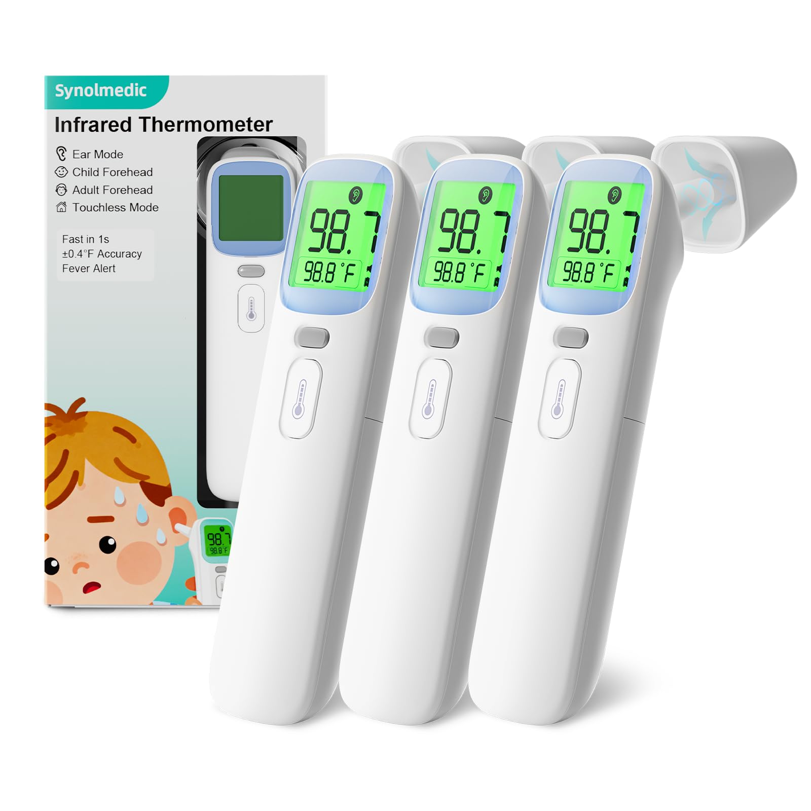 Synolmedic 3packs Infrared Ear Thermometer, Accurate Digital Baby Thermometer with Fever Alarm, Infrared Thermometer for Ear, Forehead & Touchless,