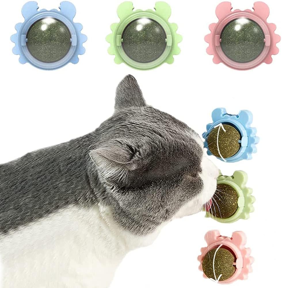 KayinaCatnip Wall Toys, 3 Pack Cat Balls Toys, Edible Cat Licking Toy, Cat Chew Toy, Teeth Cleaning Cat Bite Toy, Rotatable Indoor Cat Toy, Cat Wall Treats