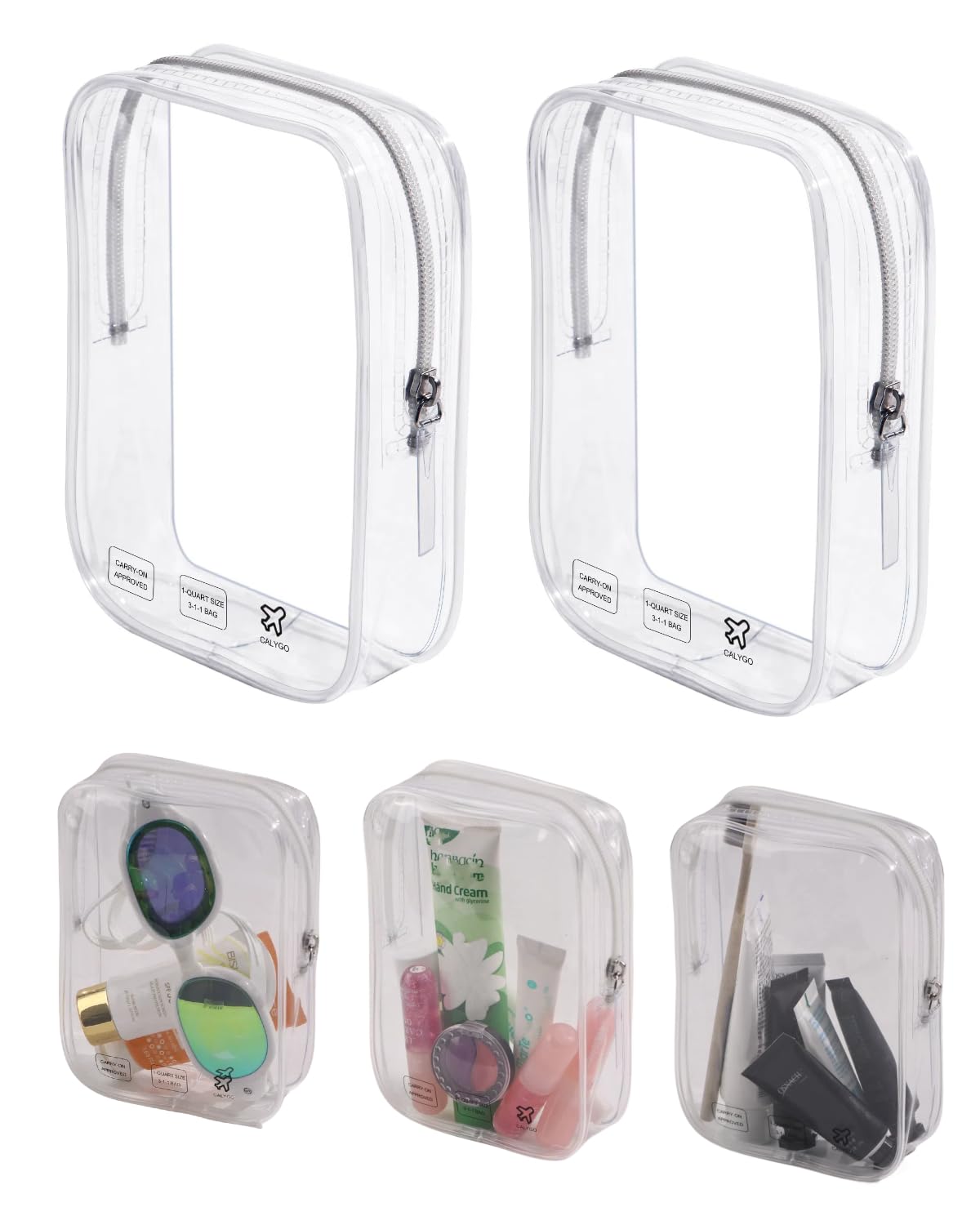 CALYGO 5 Packing Cubes 1 Quart Size Travel Bag TSA Approved Toiletry Bag Clear Small Purse Pouch International Long Flight Must Haves for Toiletries
