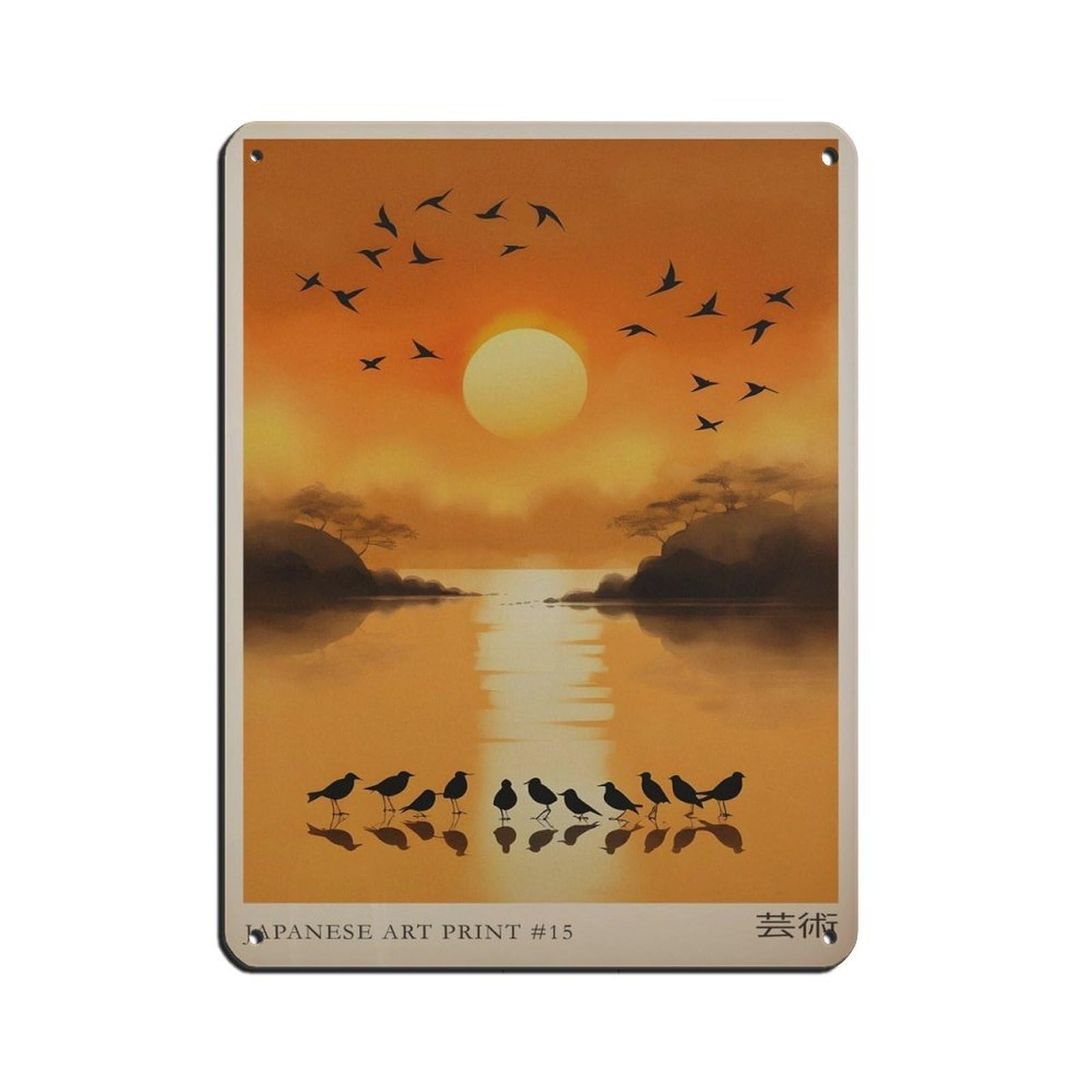Japanese Bird, Japanese Sunset Landscape Poster (2) Tin Sign Vintage Metal Pub Club Cafe Bar Home Wall Art Decoration Poster Retro 12x16inch(30x40cm)