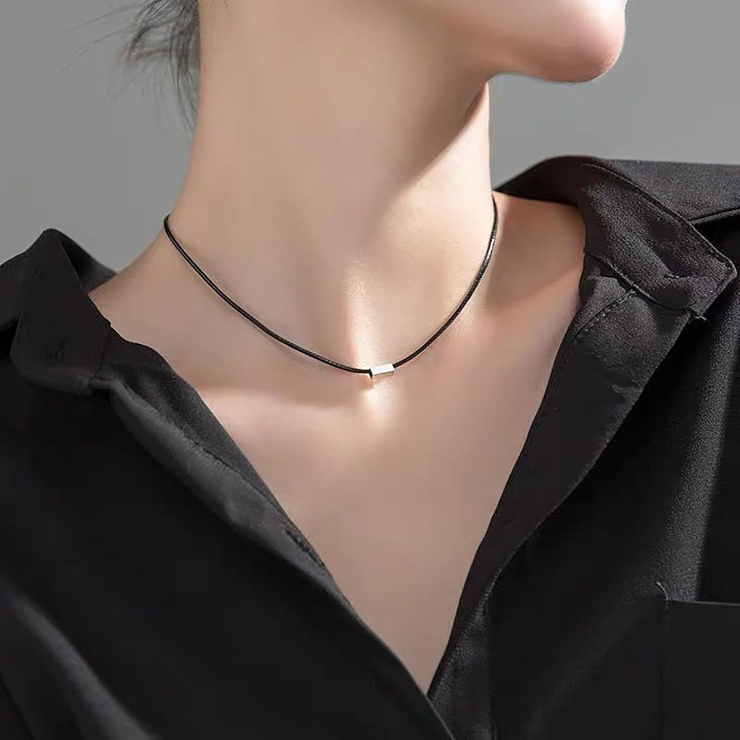Boho Leather Choker Necklace Black Leather Cord Choker Necklace Gothic Leather Suede Necklace Short Black Collar Necklace Tiny Square Necklace Jewelry for Women - Image 3