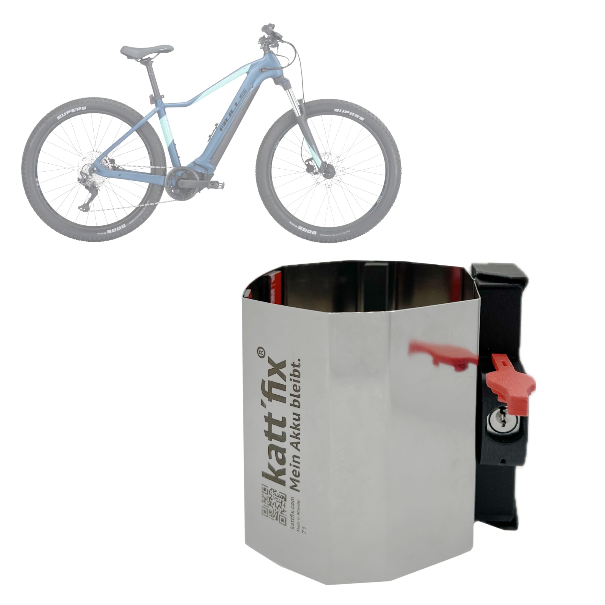 E-Bike-Akkuschloss „Kattfix“ für Bulls Fahrräder, E-Bike Akku-Diebstahlsicherung (Modell Aminga) Sport & Freizeit