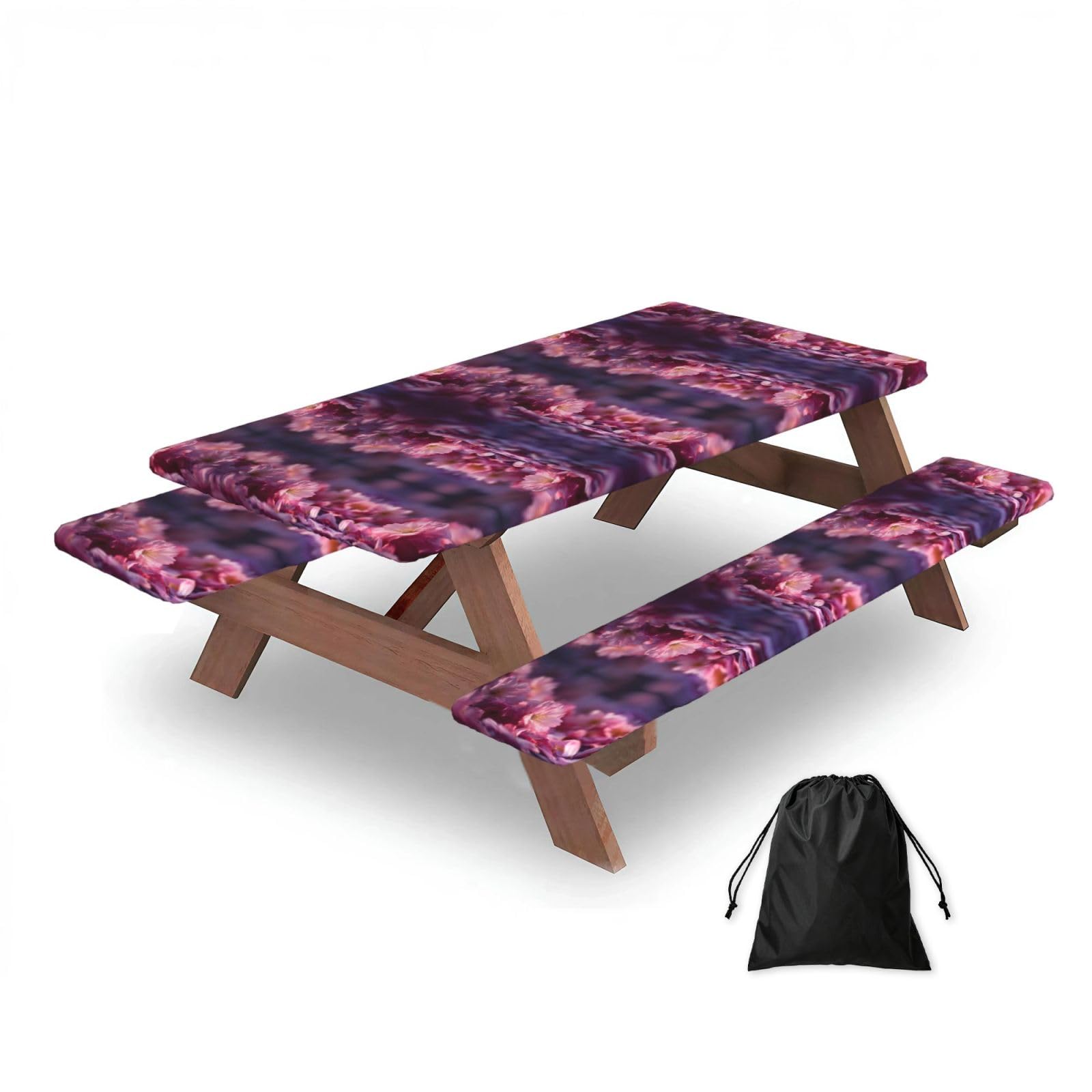 ESNAIUVCD Cherry Blossoms Print Picnic Table Cover With Bench Covers,Camping Essentials,Fitted Tablecloth Cover With Elastic Edge, For Indoor & Outdoor 3 Pcs
