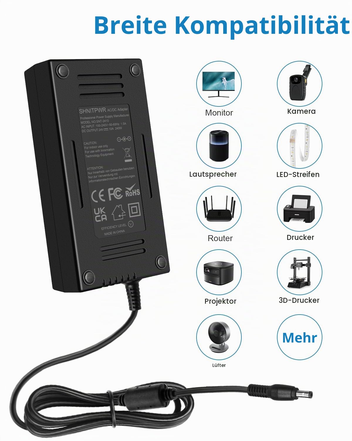 SHNITPWR 24V 10A 240W Netzteil AC zu DC 24 Volt Konverter Transformator AC DC Adapter mit 5,5 x 2,5 mm Spitze 13,5 Fuß Super lang für LED-Treiber CCTV-Kamera LED-Streifenlicht