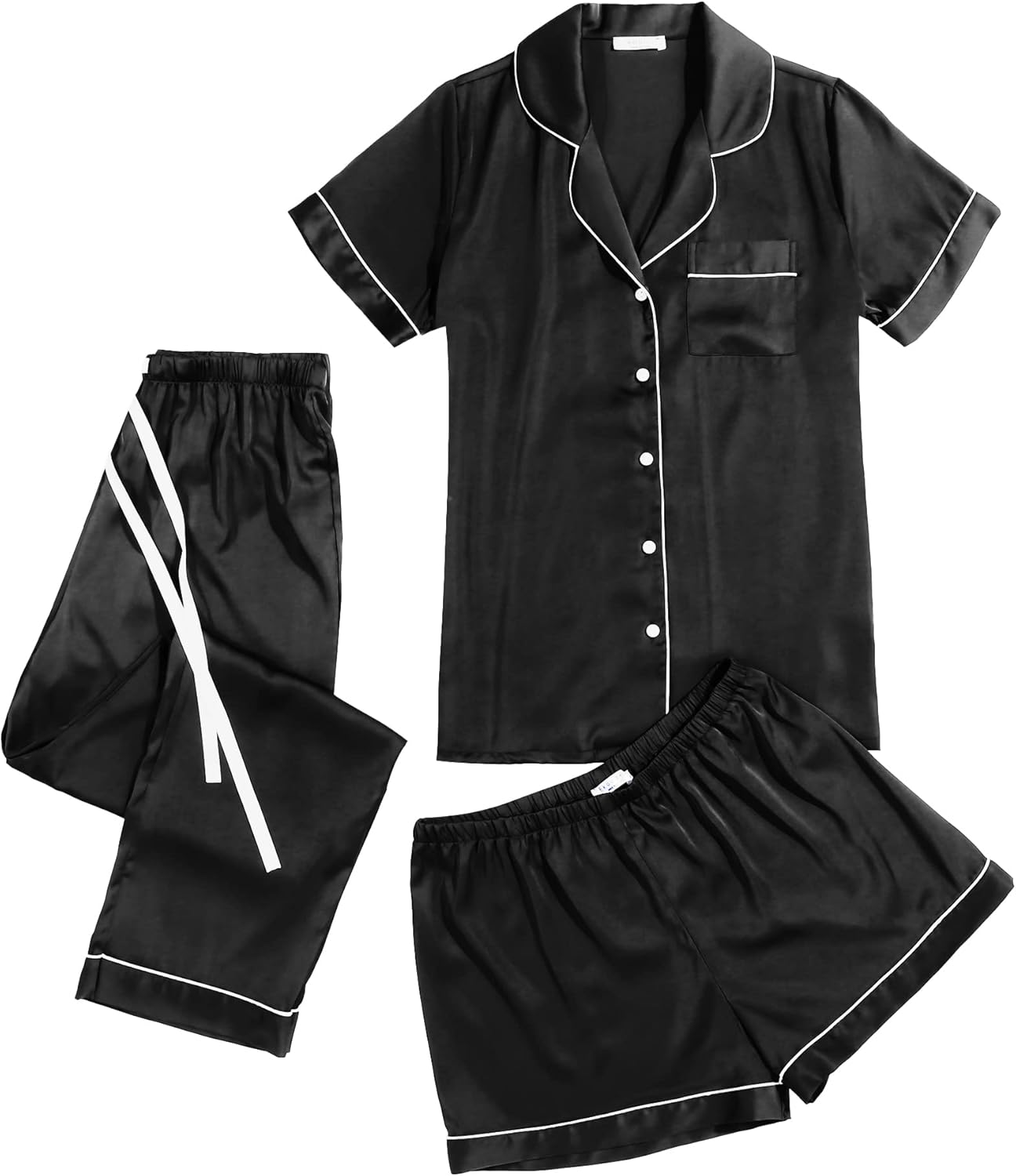 Ekouaer Silk Pajama Set for Women 3 Pcs Satin Sleepwear Short Sleeve Sleep Shirt and Long Pants with Shorts S-XXL