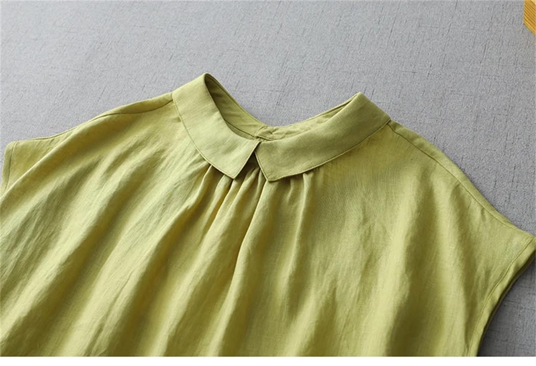 Camicia estiva da donna in cotone e lino con risvolto tinta unita casual ufficio signora senza maniche canottiera top