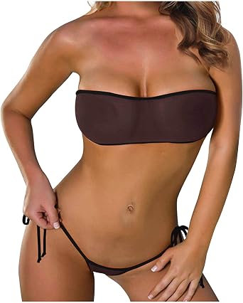 Womens Sheer Lingerie See Through Set Bandeau Top Mini Brazilian Thong Bottom Micro Mesh Bathing Suit Bikini