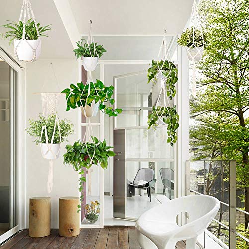 Ourwarm 5 Pack Macrame Plant Hanger Indoor Outdoor Hanging Planters + 5 Hooks, Hanging Planter Basket Handmade Flower Pot Holder For Hanging Flower Pots With Beads 65In / 55In/47In/41In/31In Ivory #TOP5
