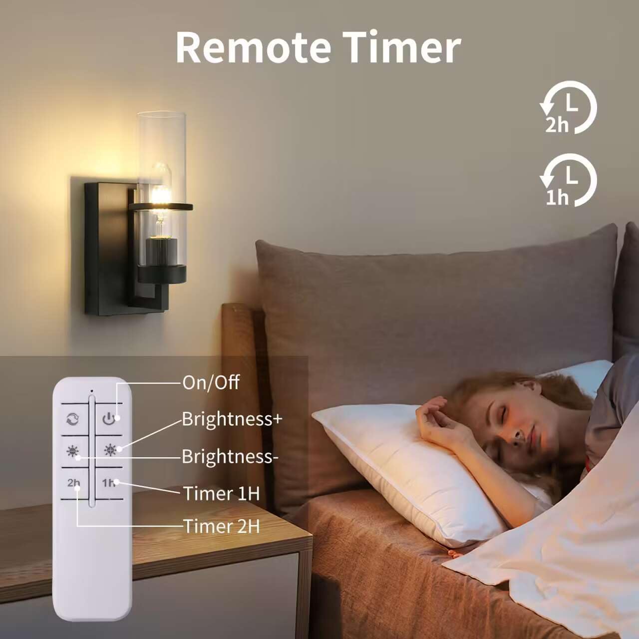 2-Pack Battery Operated Wall Sconces, Rechargeable Frosted Black Bathroom Vanity Light with Remote Control, Dimmable Clear Glass Wall Mount Sconce, Wireless Wall Lamp for Bedroom Hallway Living Room