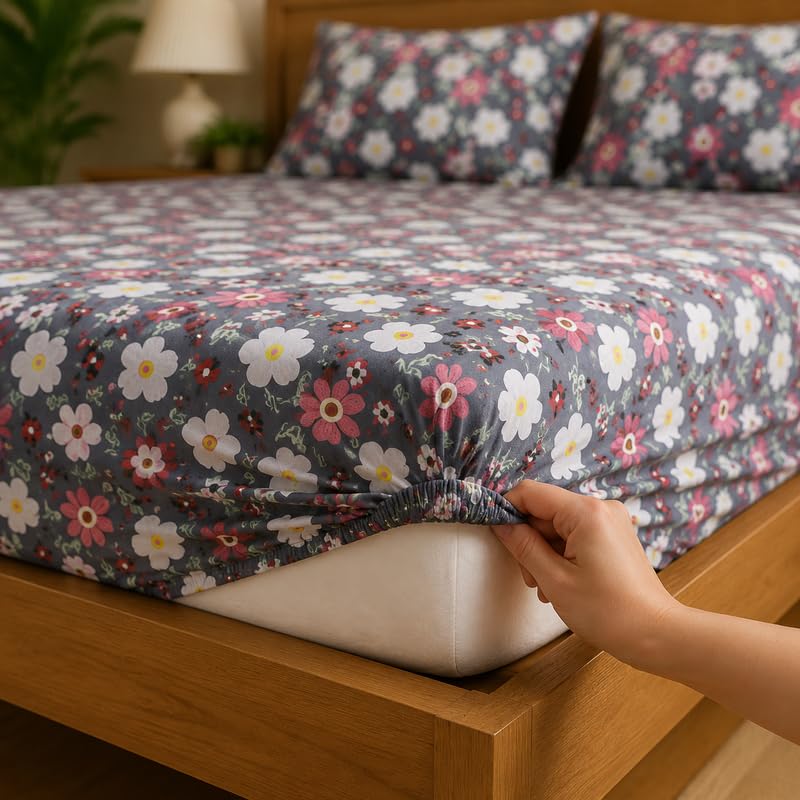 Image of la' amour 180tc Microfiber Fitted Single Bedsheet with 1 Pillow Cover | Elastic Bed Sheet | Soft Breathable Skin-Friendly Fabric | All Season Comfort | 36 x 72 + 6 Inches Charcoal Grey Floral